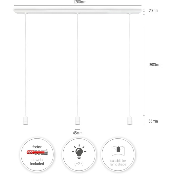 Стельовий світильник Підвісний світильник Сумісний з абажуром Підвісна лампа E27 Текстильний кабель Коротка розетка 3-Light 120 см Білий Білий 3-Light (120 см)