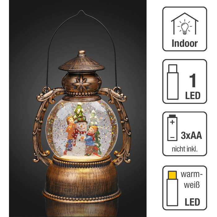 LED ліхтар Hellum Снігова куля на Різдво зі сніговиком, 14x20 см, світлодіодна різдвяна ліхтар з ефектом снігу, працює від батарейок, святкова декоративна ліхтар, 524321