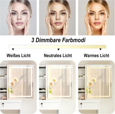 Дзеркальний туалетний столик DATO з LED-підсвічуванням, 3 колірні температури та регулюванням яскравості, з пуфом, 5 шухляд та 3 полиці, розсувний дзеркало