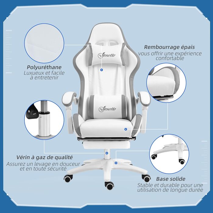 Крісло ігрове Vinsetto Ergonomic з регульованою підніжкою, спинкою 135°, підголівником та поперековою підтримкою, поворотне на 360°, PU шкіра, білий/сірий