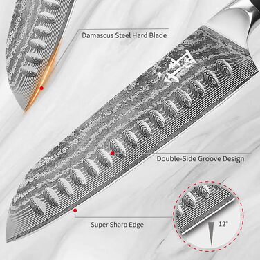 Дамаскенський сантоку 18 см - професійний ніж для кухні з дерев'яною ручкою, високовуглецева сталь, VG10, нержавіюча сталь