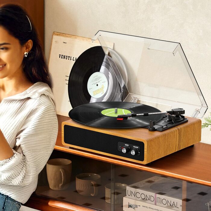Вініловий програвач FYDEE Bluetooth, ретро-програвач із вбудованими стереодинаміками, 3 швидкості 33/45/78 об/хв, RCA вихід, AUX, світло-коричневий