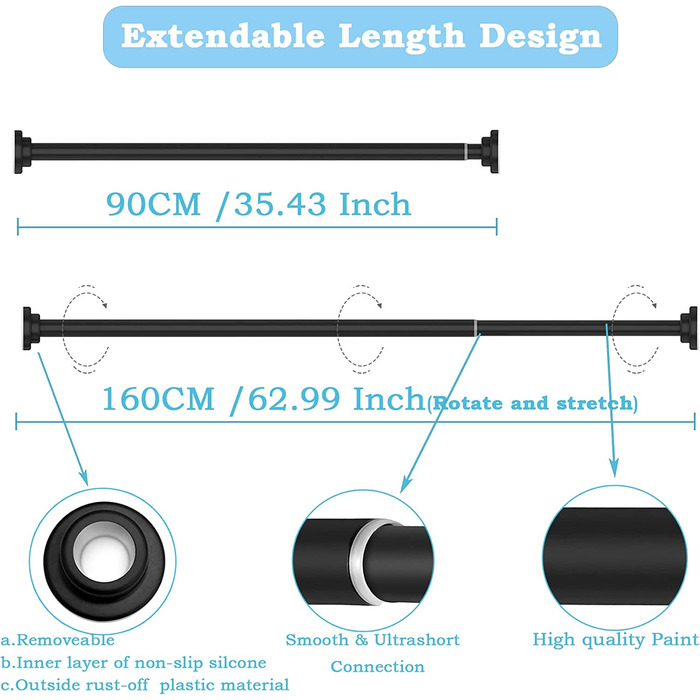 Стрижень для душу з нержавіючої сталі, , без свердління, для завіси для душу, висувний стрижень, завіса для душу для душу, ванни, вікна ванної кімнати, 70-120 см новий дизайн (Чистий білий, 90-160 см (2 шт., 22 мм)