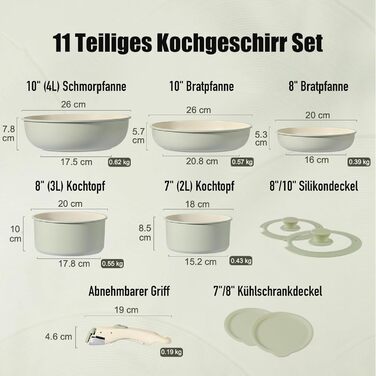 Набір кухонного посуду 11 предметів з антипригарним покриттям та знімними ручками: складаний набір каструль та сковорідок для індукційних, газових плит, духовки та посудомийної машини, без PFAS (зелений)