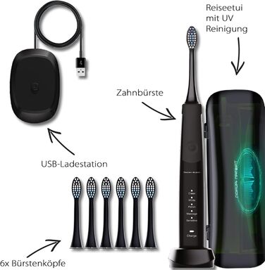 Електрична зубна щітка Tristan Auron SonicMaster, 55 000 вібрацій, 5 режимів, 60 днів акумулятора, UV-стерилізатор, 6 насадок, чорна