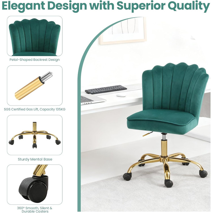 Крісло для офісу Fiximaster Homeoffice, крісло для робочого столу, обертове, регульоване по висоті, з м'якою оббивкою з велюру, золоті ніжки, для робочого кабінету, спальні, до 135 кг, зелене