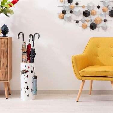 Підставка для парасоль під Baroni Home: металева, циліндрична, біла, з крючками та знімною мискою для збору води (19x19x49 см)