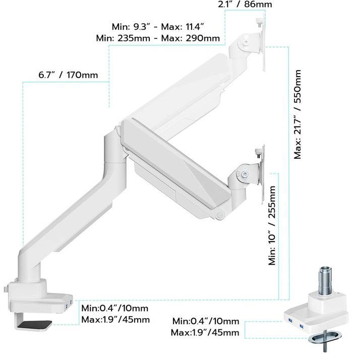 Кріплення для монітора ARES WING з USB A/C, 17'-45', регулювання висоти, білий. Підтримка VESA 100/75 мм, максимальне навантаження 18 кг