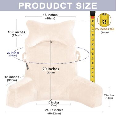 Велике крісло-мішок для читання, 78,7 см, з підголовником та підлокітниками, спинка для читання та відпочинку, сірий (бежевий, середній)