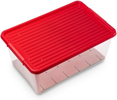 Коробка для прикрас Kreher X-Mas 40 літрів: ялинкові кулі, новорічний декор, з роздільниками (30 кульок). Прозора з червоним кришкою.