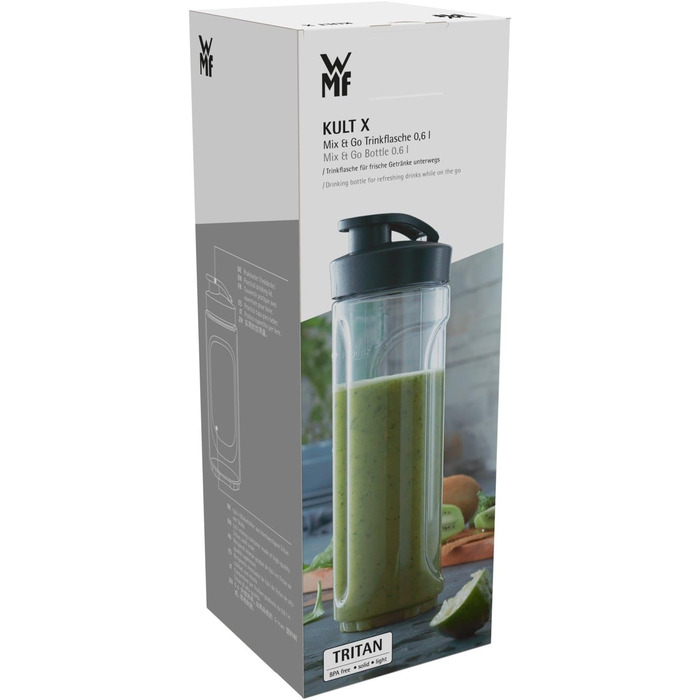 Блендер Kult X Mix & Go Mini від WMF: компактний шейкер з пляшкою 600 мл, 300 Вт, срібно-чорний