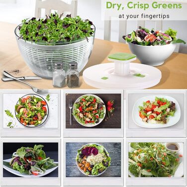 Салатниця-центрифуга Brieftons QuickPush: велика 6.3 кварт, для миття та сушіння овочів та фруктів, зручний одноручний механізм та гальмо, швидкі цикли обертання