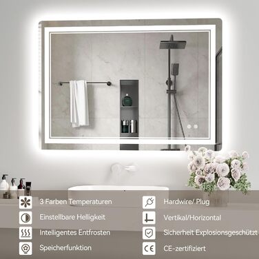 Дзеркало для ванної кімнати зі світлодіодним підсвічуванням 70x50 см, LED Smart дзеркало, антизапар, 3 кольори, регулювання яскравості, горизонтальне/вертикальне кріплення