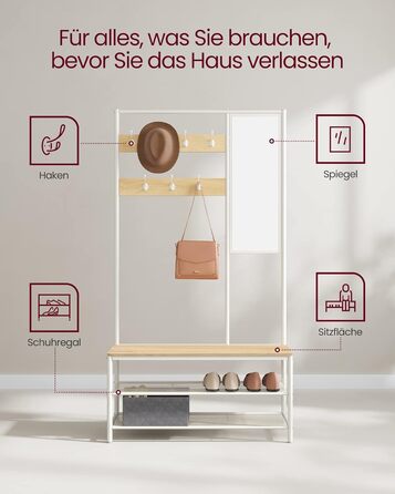 Стійка для одягу VASAGLE з дзеркалом та банкеткою, 35 x 98 x 180 см, для передпокою, спальні, вітальні, індустріальний дизайн, vintagebraun- schwarz, з полицею для взуття