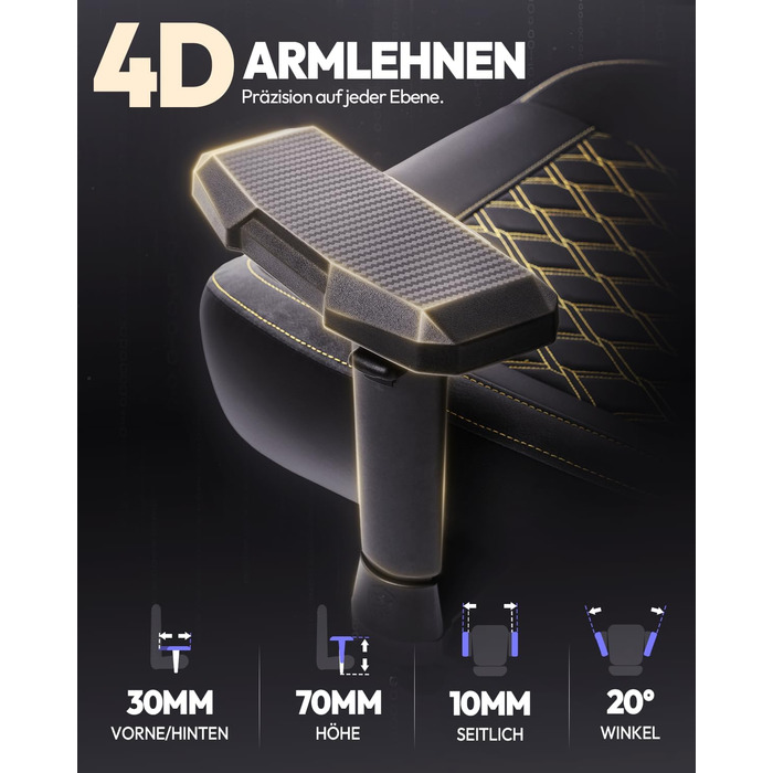 Ігровий крісло Dowinx для геймерів, офісне крісло з підлокітниками 4D та масажем попереку, чорне, витримує до 200 кг