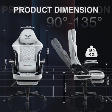 Ігровий крісло BRTHORY Ergonomic Racing з регульованою підголівником, підлокітниками та підніжкою, з тканиною, пружинним сидінням, функцією гойдання, 135°, сірий