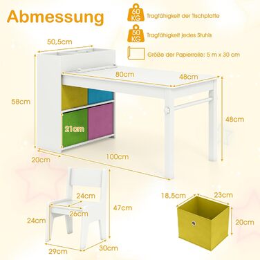 Дитячий столик та 2 стільці DREAMADE з полицями та контейнерами для зберігання, дерев'яний дитячий куточок для малювання та ігор в дитячу кімнату (Білий)