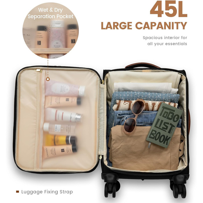 LOVEVOOK Набір валіз ручної поклажі: ручна валіза, середнього розміру, 20 дюймів, з відділенням для ноутбука 17 дюймів, легка, для жінок, подорожі, ділові поїздки, чорний, білий, коричневий