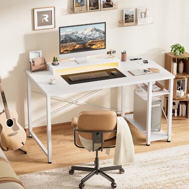 Ігровий стіл з LED-підсвічуванням та розетками, стіл для комп'ютера з USB, стіл для ПК з підставкою для монітора, сучасний офісний/робочий стіл для ігрової кімнати (білий)