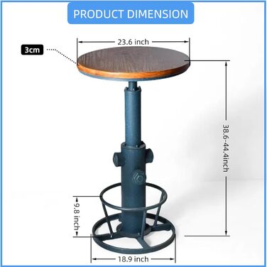Столик барний вінтажний в індустріальному стилі, дизайн як пожежний гідрант, блакитний, регульована висота 98-112,8 см