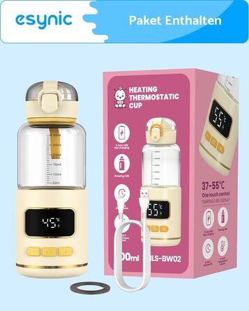 eSynic Підігрівач для пляшечок 450мл з акумулятором 15000mAh, портативний, швидкий нагрів (2-3 хв), для дитячого харчування та води, USB-C, BPA-free, з боросилікатного скла, для подорожей та нічного годування