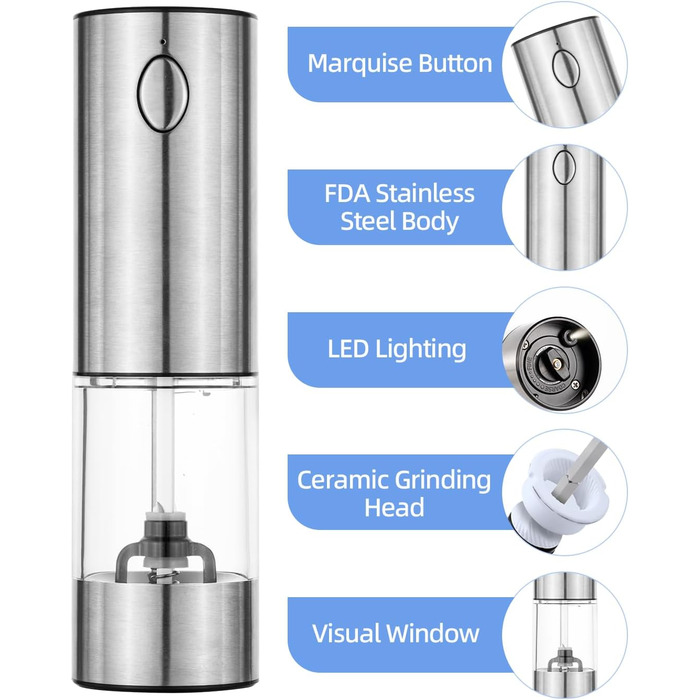 Електричний набір млинів для солі та перцю, акумуляторний USB, керамічний подрібнювач, світлодіодний, 95 мл, нержавіюча сталь, 2 упаковки