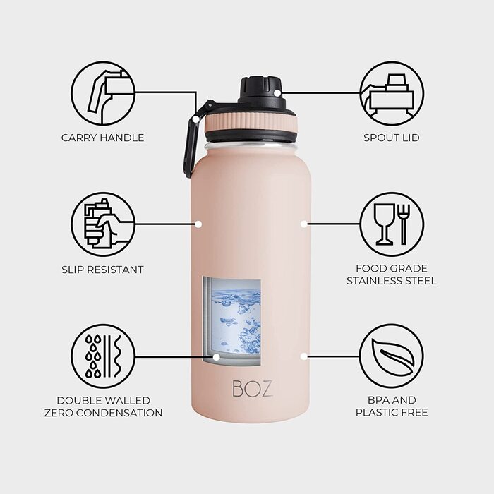 Пляшка для пиття з нержавіючої сталі BOZ XL (1 л / 32 Унції) з широкою шийкою, не містить бісфенолу А, з вакуумною ізоляцією з подвійними стінками (рожева)