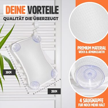 Підголовник для ванни – якісна підтримка шиї та спини – з 4 міцними присосками та інтегрованим гачком (білий)