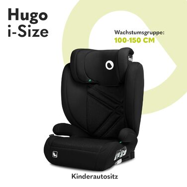 Дитяче автокрісло LIONELO HUGO I-SIZE, група 2 3, від 100-150 см, установка ISOFIX, регульований підголівник, піна з ефектом пам'яті, бічний захист, зручні підлокітники (Black Carbon)