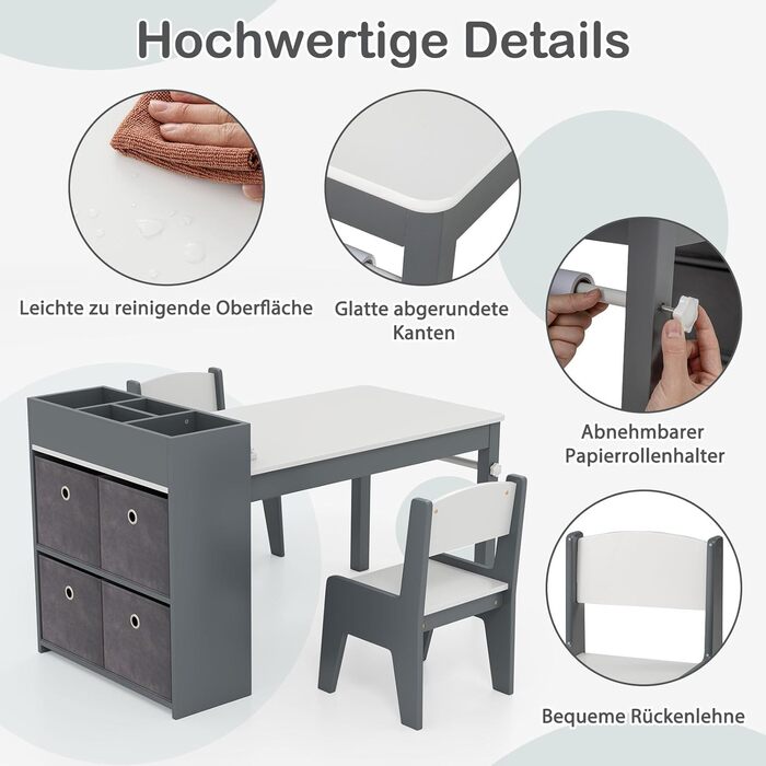 Дитячий столик та 2 стільчики DREAMADE 2-в-1 з паперовою рулонною полицею та 4 текстильними боксами для зберігання, дерев'яний дитячий куточок для малювання та ігор у дитячу кімнату (Сірий)