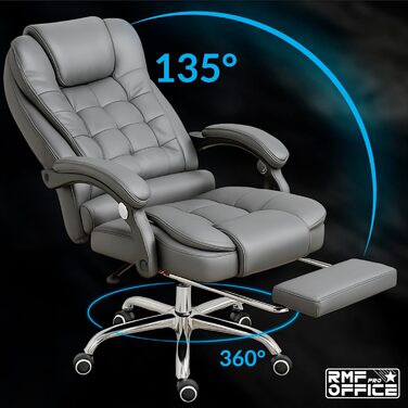 Ергономічне крісло для офісу RMF, регульоване, з підніжкою – зручне та розслаблююче крісло для робочого столу, обертається, регулювання висоти, сіре
