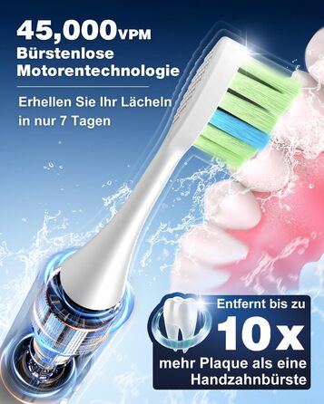 Електрична звукова зубна щітка з 6 насадками DuPont, 5 режимів, таймер, індикатор заряду, 120 днів роботи від акумулятора, 45000 VPM, відбілювання за 1 тиждень