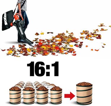 WORX WG505E: Електричний повітродув та пилосос для листя 3000W – 3-в-1 (повітродув, пилосос, мульчер) з мішком 45л – швидкість 335 км/год, об'єм 600 м³/год