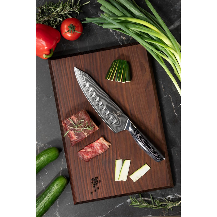 Кухонний ніж Wolfblood PRO Damast XL (33 см) з дамаської сталі 67 шарів, преміум-якість, для професійних кухарів, з дерев'яною ручкою, подарункова коробка, захист леза, сертифікований TÜV, 62 HRC