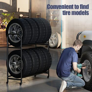 Стійка для шин BAOYOUNI на 4 шини/диски, 2 яруси, регульована, на колесах, для гаража, складу, майстерні, 57,2 x 37,3 x 114,6 см