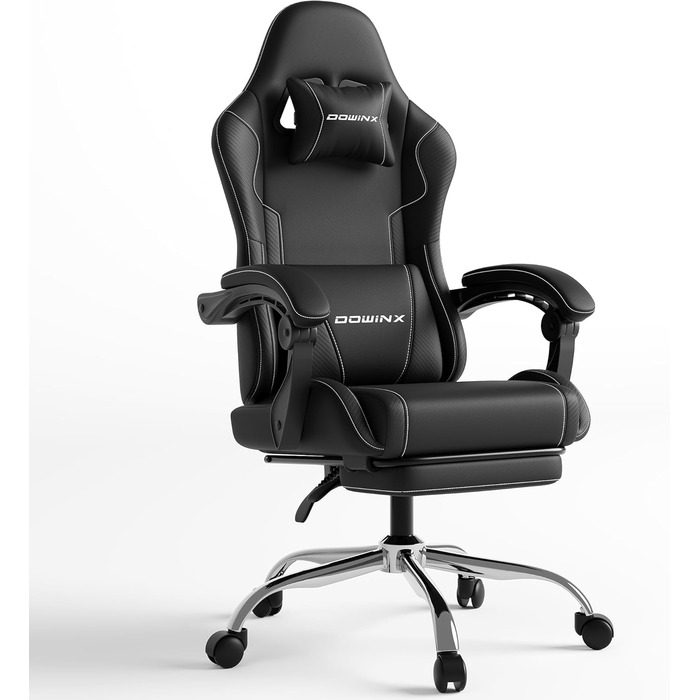 Ігровий крісло Dowinx з підніжкою та масажем попереку. Ергономічне ігрове крісло для офісу, дому, стрімінгу та тривалих ігрових сесій. Білий (Чорний)