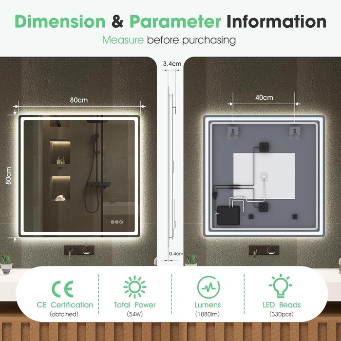 Дзеркало для ванної кімнати S'bagno з підсвічуванням Bluetooth, 100x70 см, LED, антизапар, регулювання кольору, пам'ять, HD скло, IP44, горизонтальне/вертикальне