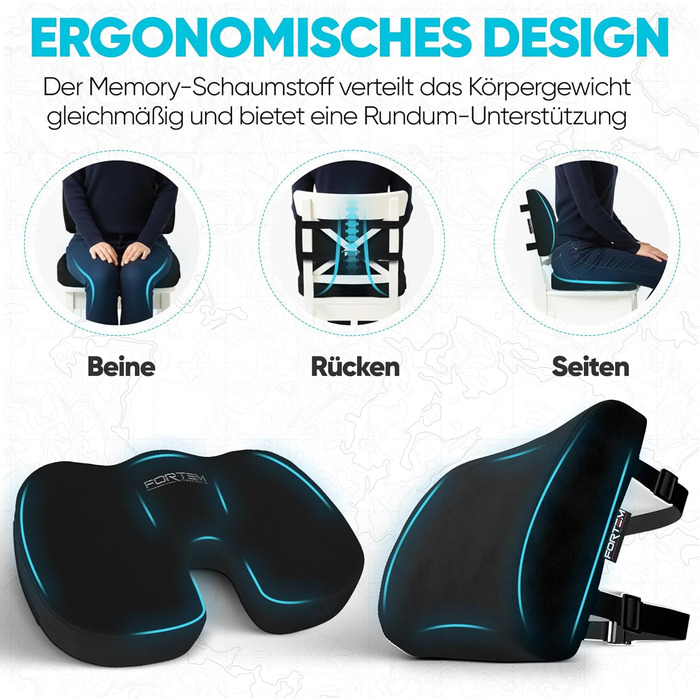 Подушка для сидіння та підтримки попереку FORTEM - м'яка, з Memory Foam, для офісного крісла, авто, геймінгу, чорна, велюр