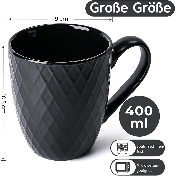 Набір кавових чашок Miamio Palmanova (6 шт., 400 мл) – чорний матовий керамічний набір