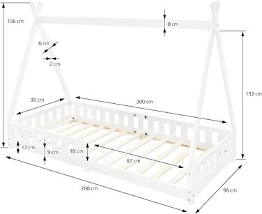 Дитяче ліжко ML-Design Teepee із захистом від падіння з висоти та рейковим каркасом, Соснова деревина, Індійське Ліжко з масиву дерева для дівчаток та хлопчиків, Ліжко-будиночок з огорожею Дитячий будиночок Молодіжне ліжко Ігрове ліжко Намет (90x200 см, Б