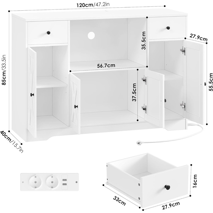 Білий комод для кухні HOCSOK 120 см з полицями, мікрохвильовою печиркою та розеткою. Комод для кухні, вітальні, їдальні (120x85x40 см)