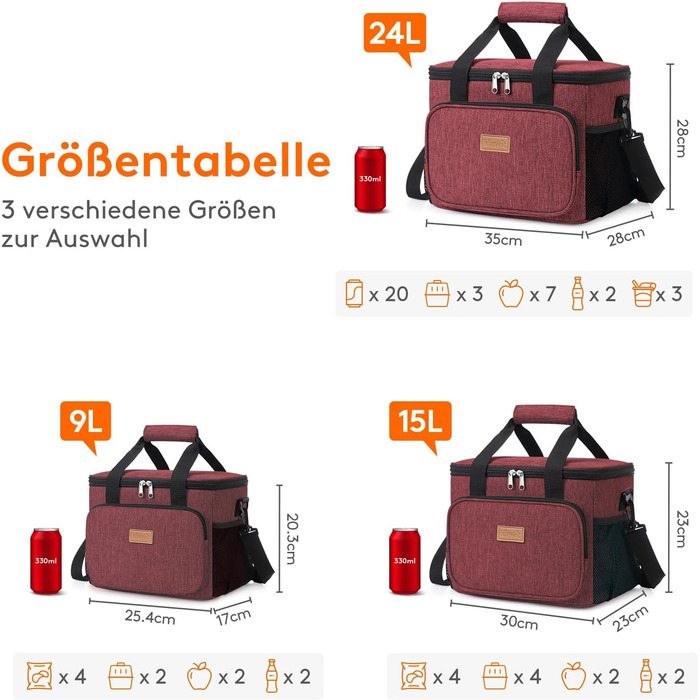 Термосумка-холодильник Lifewit 15л, червоний: сумка для ланчу, пляшок, пляжу, подорожей. Ізольована, водонепроникна, складана