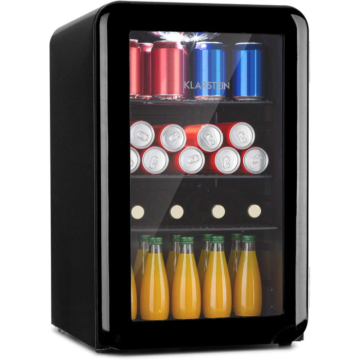 Міні-холодильник Klarstein з дверцятами зі скла, 48 л, для кімнати та офісу, з висувною полицею, тихий, 0-10°C, чорний