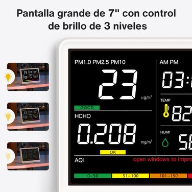 Вимірювач якості повітря Bonoch 16 в 1: Моніторинг CO2, TVOC, PM2.5, PM1.0, PM10, HCHO, Температура, Вологість, AQI, Час, Білий