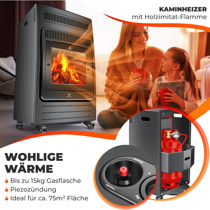 Газовий обігрівач KESSER®: газовий камін-обігрівач з інфрачервоним випромінюванням, 3.4 кВт, 2 режими, з регулятором тиску та шлангом, сумісний з бутаном/пропаном (до 11 кг), антрацит