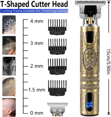 Професійна машинка для стрижки волосся, водонепроникна, електрична, USB, тример з T-подібним лезом, 4 гребінці, світлодіодна, бронза