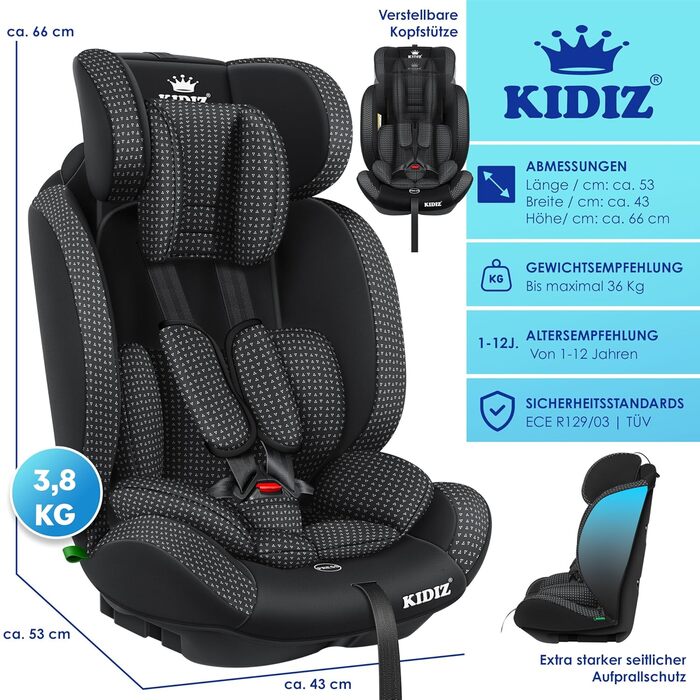 Дитяче автокрісло KIDIZ® Triangle Premium - 9-36 кг, 1-12 років, Група 1/2/3, чорний | Автокрісло, автокрісло-крісло