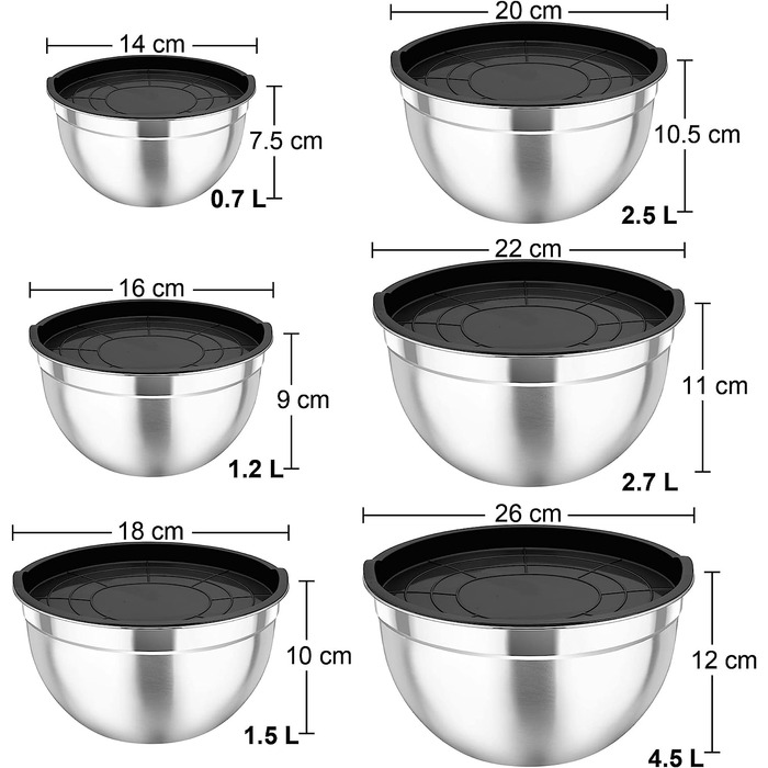 Набір мисок для змішування Joyfair з 6 шт. , набір салатниць з нержавіючої сталі з герметичною кришкою, ідеально підходить для змішування і сервірування, можна штабелювати і мити в посудомийній машині, 4,5 л/2,7 л/2,5 л/1,5 л/1,2 л/0,7 л - (Чорний)