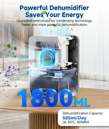 Електричний осушувач повітря 1800 мл з тихою роботою, функцією відтавання та автоматичним вимкненням, 7 кольорових підсвіток, портативний осушувач для спальні, ванної кімнати, підвалу (550 мл/24 год)