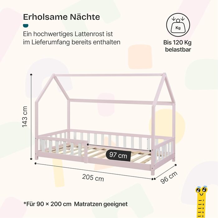 Дитяче ліжко en.casa Hesel для дітей, рожеве, 90x200 см, з бортиками та ламелями, Montessori, дерев'яне, Hausbett